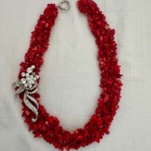 Red Coral necklace with silver/faux diamond broach